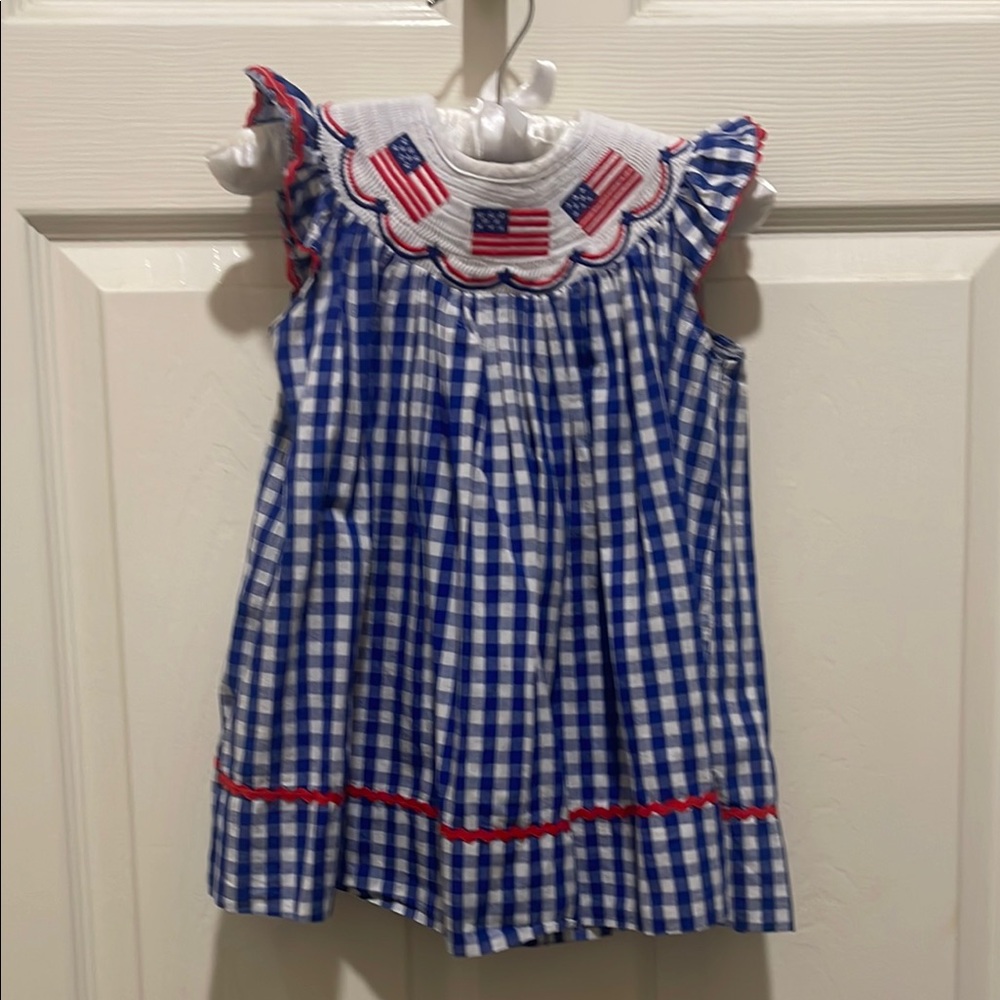 Smocked Blue and White Gingham Dress with Flag Detail